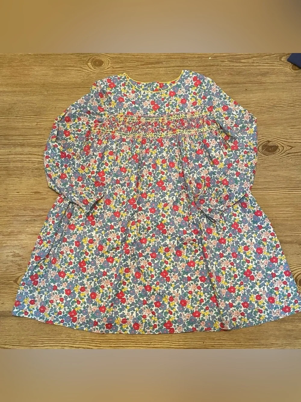Mini Boden Floral Smocked Long-Sleeve Top - Red, Blue, Yellow Dress